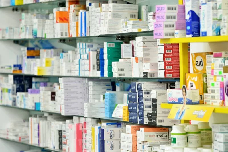 Pharmacy products on shelves